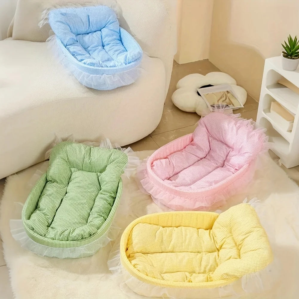 Cute Lace-Trimmed Pet Princess Bed- Soft Polyester Plush- Oval for Small Dogs- Easy Assembly- Indoor Use-Bed & Blankets