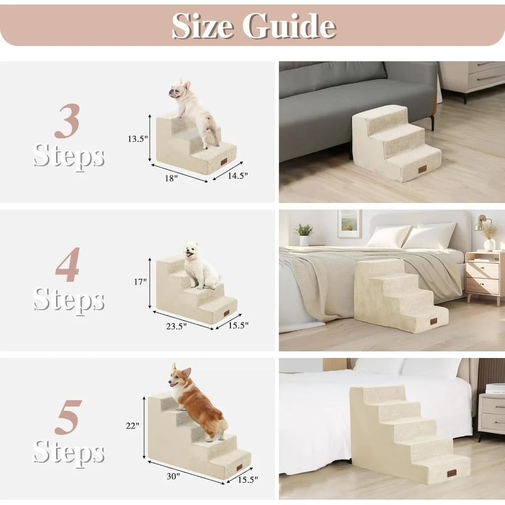 5-Step Dog Stairs for Small Dogs- Pet Stairs for Sofa Couch Dog Ramp with Removable Washable Cover- Beige- 22" H