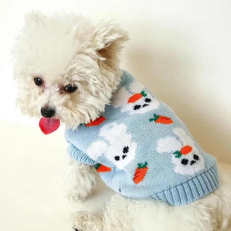 Cute Rabbit Sweater -Autumn Winter Dog Clothing- Warm Blue Sweater -Teddy Bichon Sweater For Small Dogs Pullover Cardigan