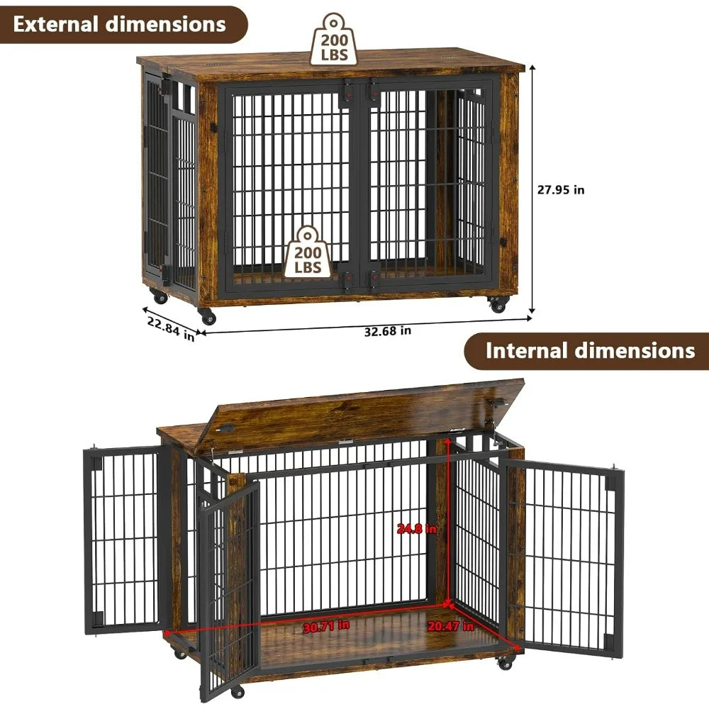Wooden Dog Crate Furniture-Small and Medium Dog Kennel- Indoor Furniture with Top-Access-2 Doors