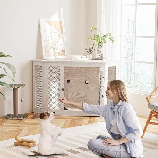 52 inch Corner Dog Crate Furniture- Wooden Dog Kennel End Table with Mesh-Indoor Decorative Pet Crates Side Table