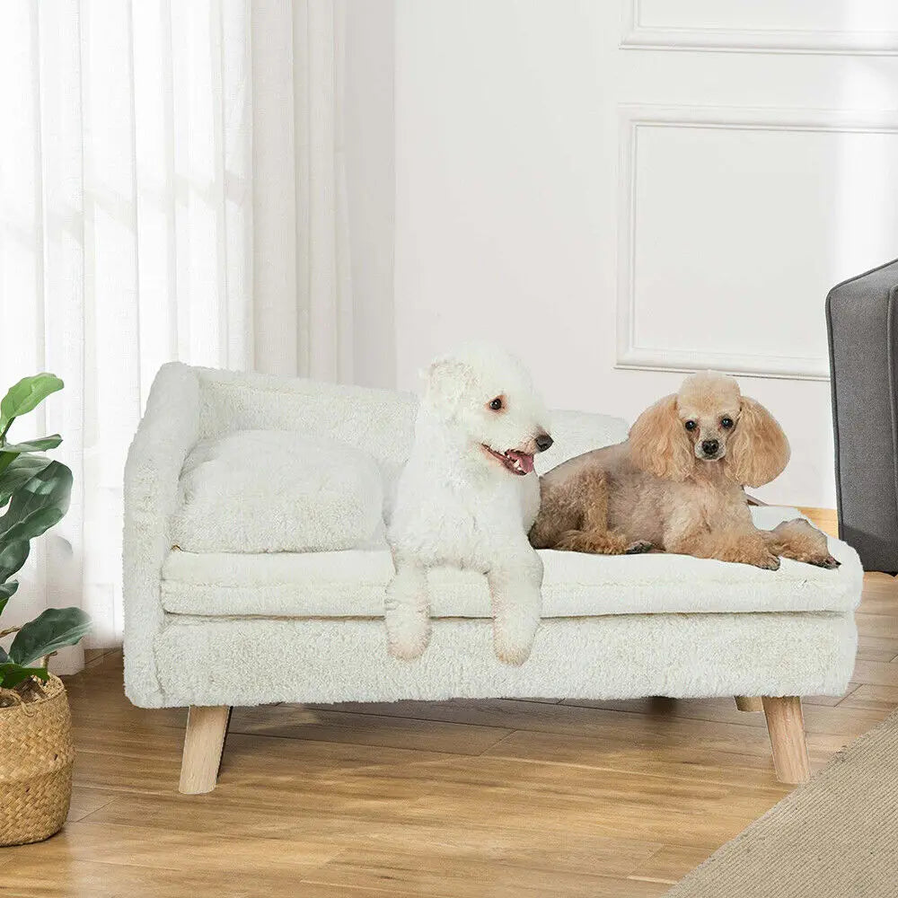 Elevated Pet Bed Solid Wood Leg Dog Cat Sofa for Indoor  L Shape Plush Couch Lounge with Soft Pillow-Sizes S/M-Beds & Blankets