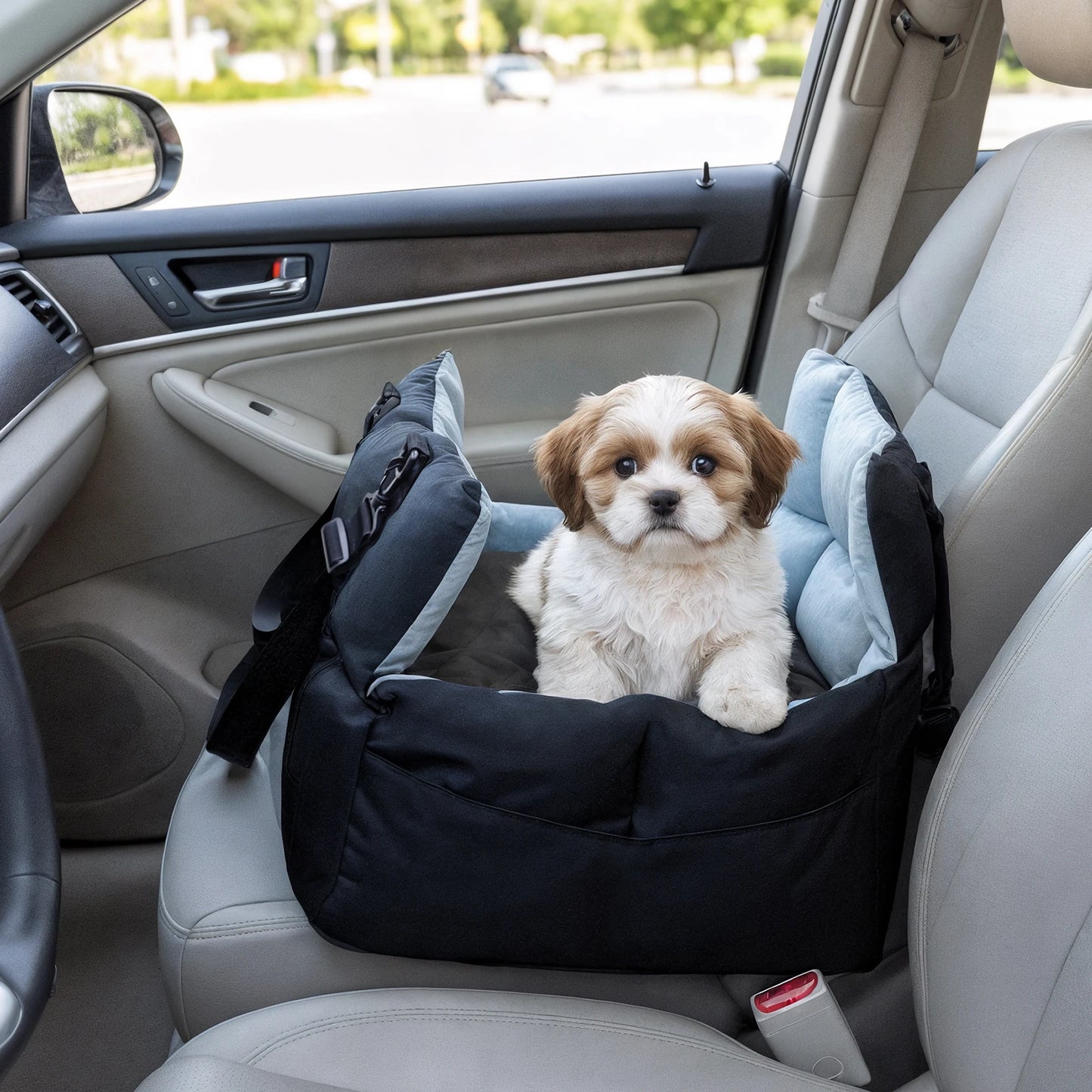 Dog Car Seat -Safe & Cozy Travel Bed/Carrier for Small Dogs, Puppies, Pets up to 22 lbs/10 KG, Clip-On Leash & Storage Pockets