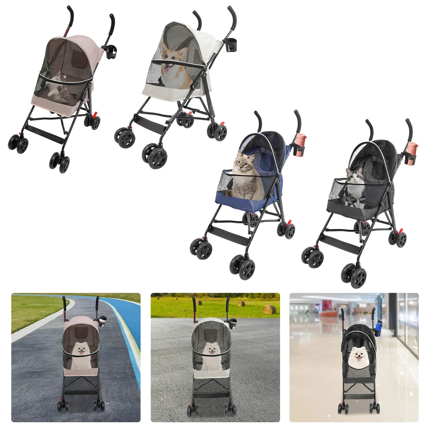 Oxford Cloth Pet Travel Stroller-Foldable- for Small & Medium-sized Pets Within 10kg/22 Pounds-Pet Strollers