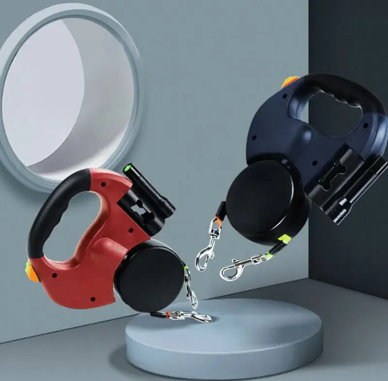 3 in1 Double Head Automatic retractable Dog leash with Flashlight /Poop Bag Dispenser- Reflective -Extendable Traction Rope