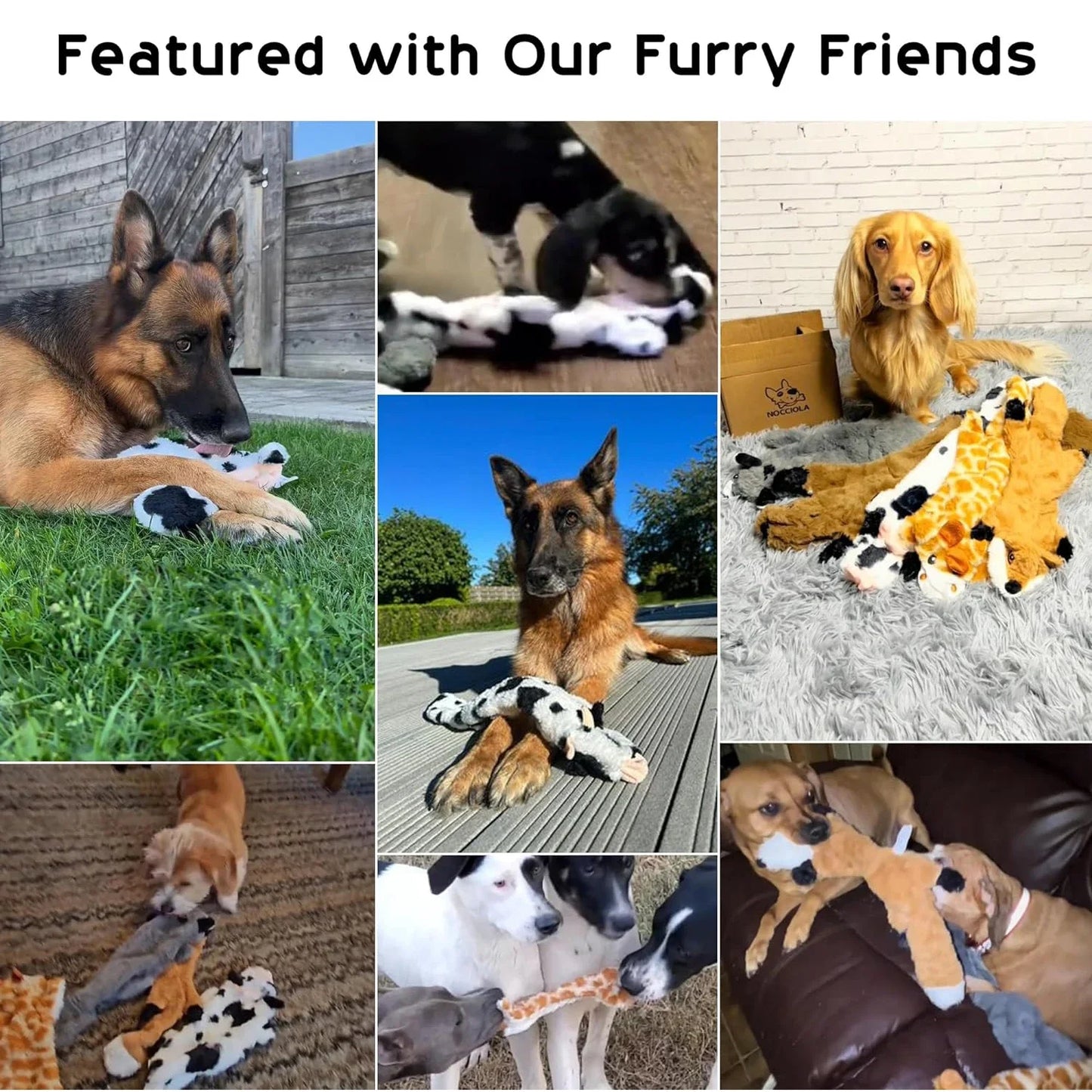 5PCS Crinkle Plush Dog Squeaky Toys- Fox Giraffe Squirrel Cow Donkey- No Stuffing- for Small Medium Large Dogs-Dog Toys