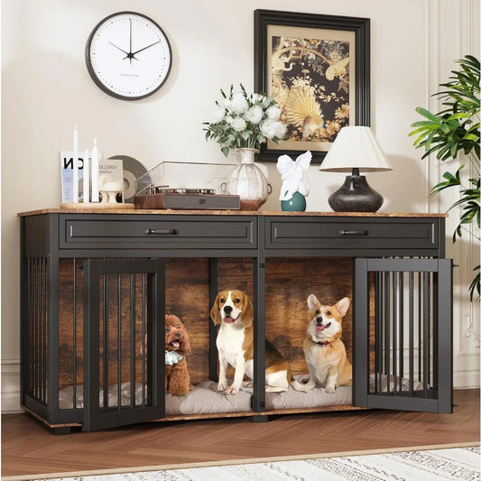 Furniture Style Dog Crate- 64.6" Wooden Multiple Dog Kennel with Drawers & Divider- Indoor Dog House Furniture with Double Rooms
