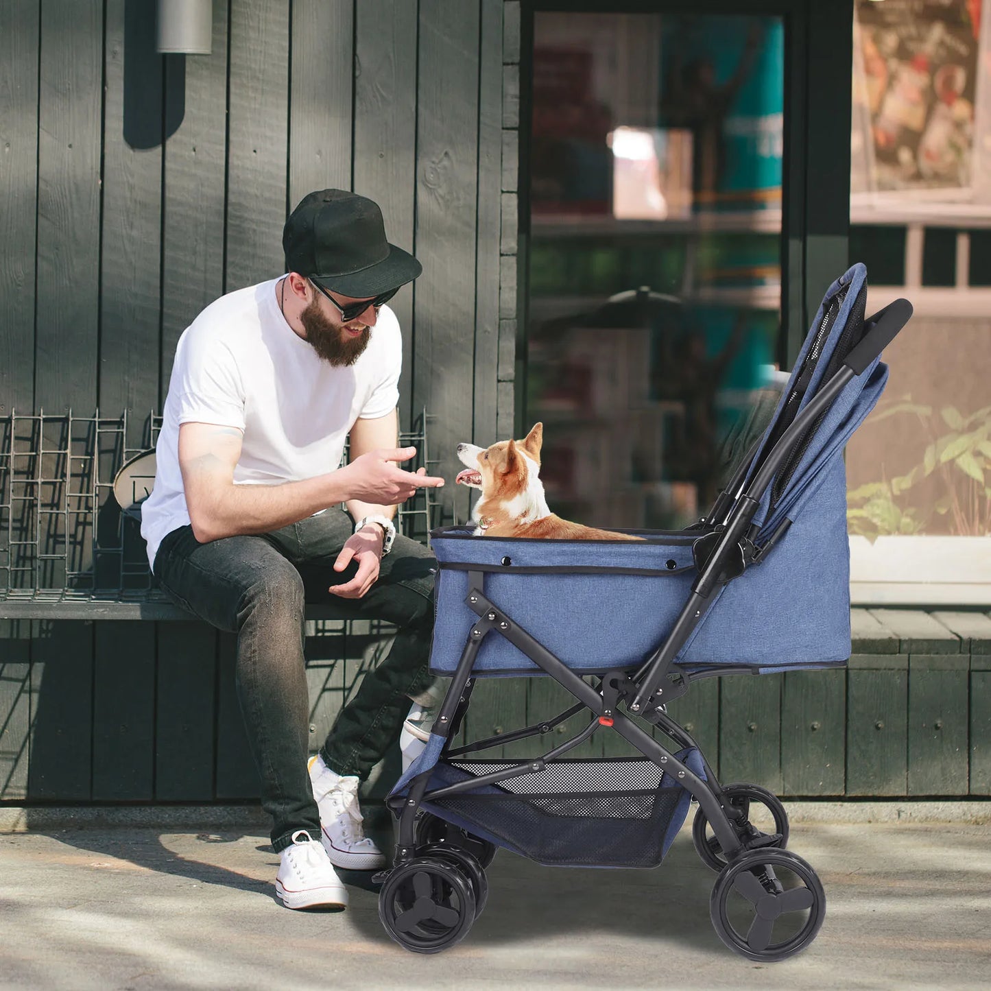 Dog Stroller- Pet Stroller for Medium Size Dogs with Poop Bags- Reversible Handlebar- Tethers- Storage Basket and Pouch-Pet Strollers