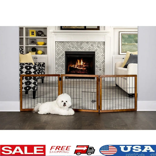 3 Panel Wooden Pet Gate- Freestanding Dog Barrier with Small Door -Adjustable- Expandable Indoor Use- Easy Setup Child Safety