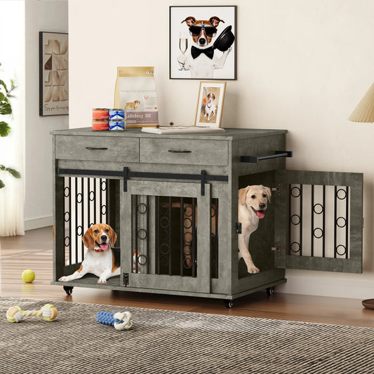 Dog Crate Furniture -39" Wooden Indoor Dog Kennel w/ Divider Room and Drawers for multiple Pets