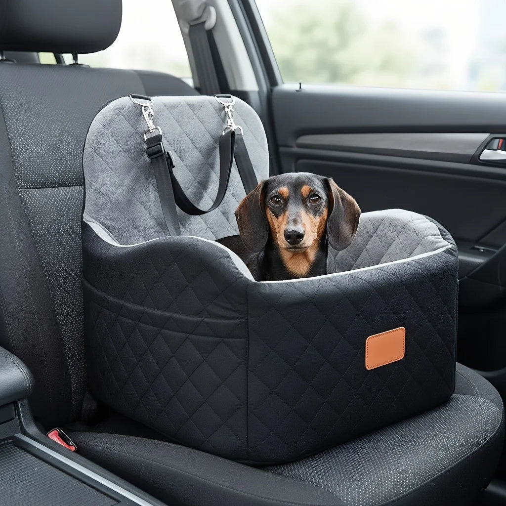Dog Booster Car Seat- for S/M Dogs Up to 35lbs-Soft 6 in Elevated Cushion- Fits In Front/Back Seat- Fully Detachable/ Washable- 2 Storage Pockets/3 Straps-Easy to Install-Pet Car Seats