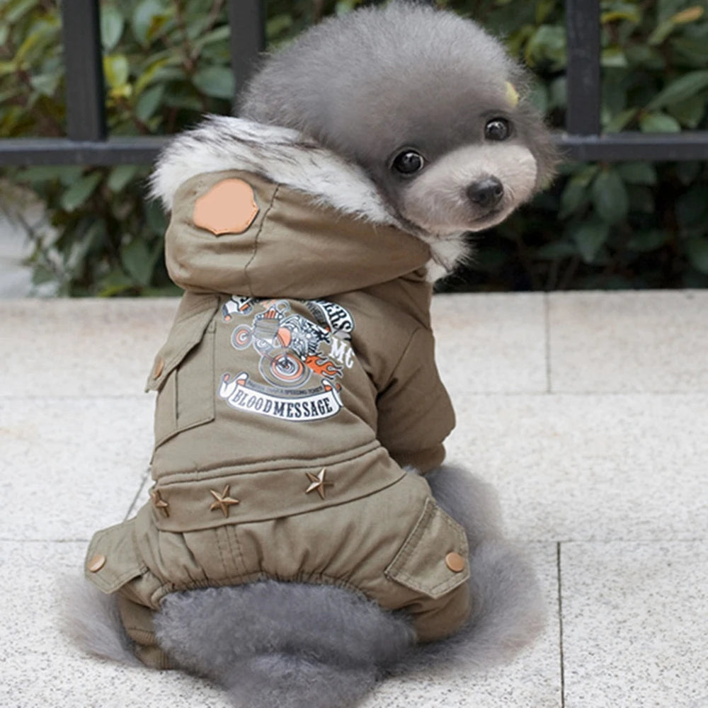 Dog  Thickness Hooded Driver Style Four Legs Cotton Winter Coat- Windproof Dog Jumpsuit- Warm Small Puppy Dogs Clothing