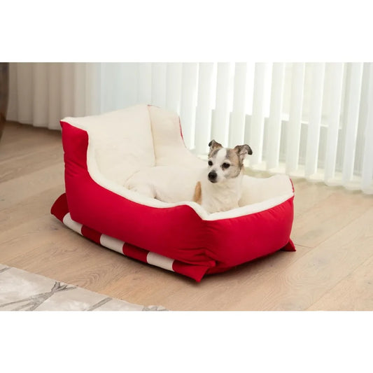Holiday Sleigh Dog Bed, Red Velvet with Natural Color Faux Fur, Indoor and Outdoor Dog Bed, Holiday Themed Pet Beds