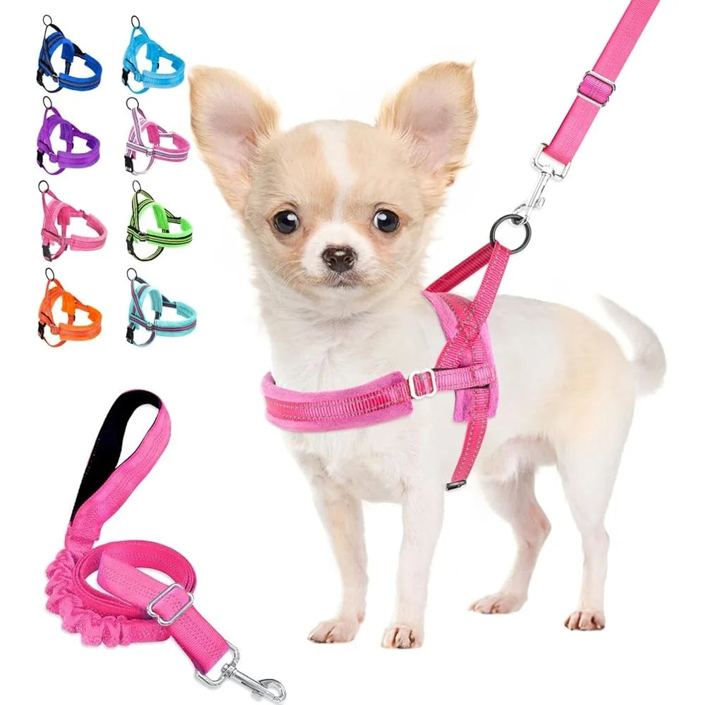 Soft Padded Dog Harness Leash Set -Adjustable Reflective Vest Small Dogs- Quick Fit Neck Chest Safe- Walking 4ft Leash