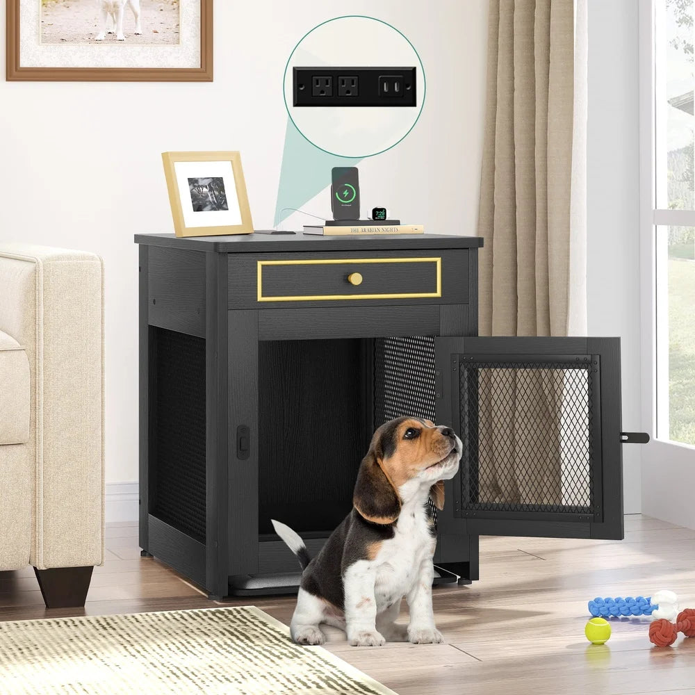 Wooden Furniture Dog Crate- Dual USB Charger- Safe and Stable Indoor Furniture- Easy Clean Tray- Lockable- Small Dogs