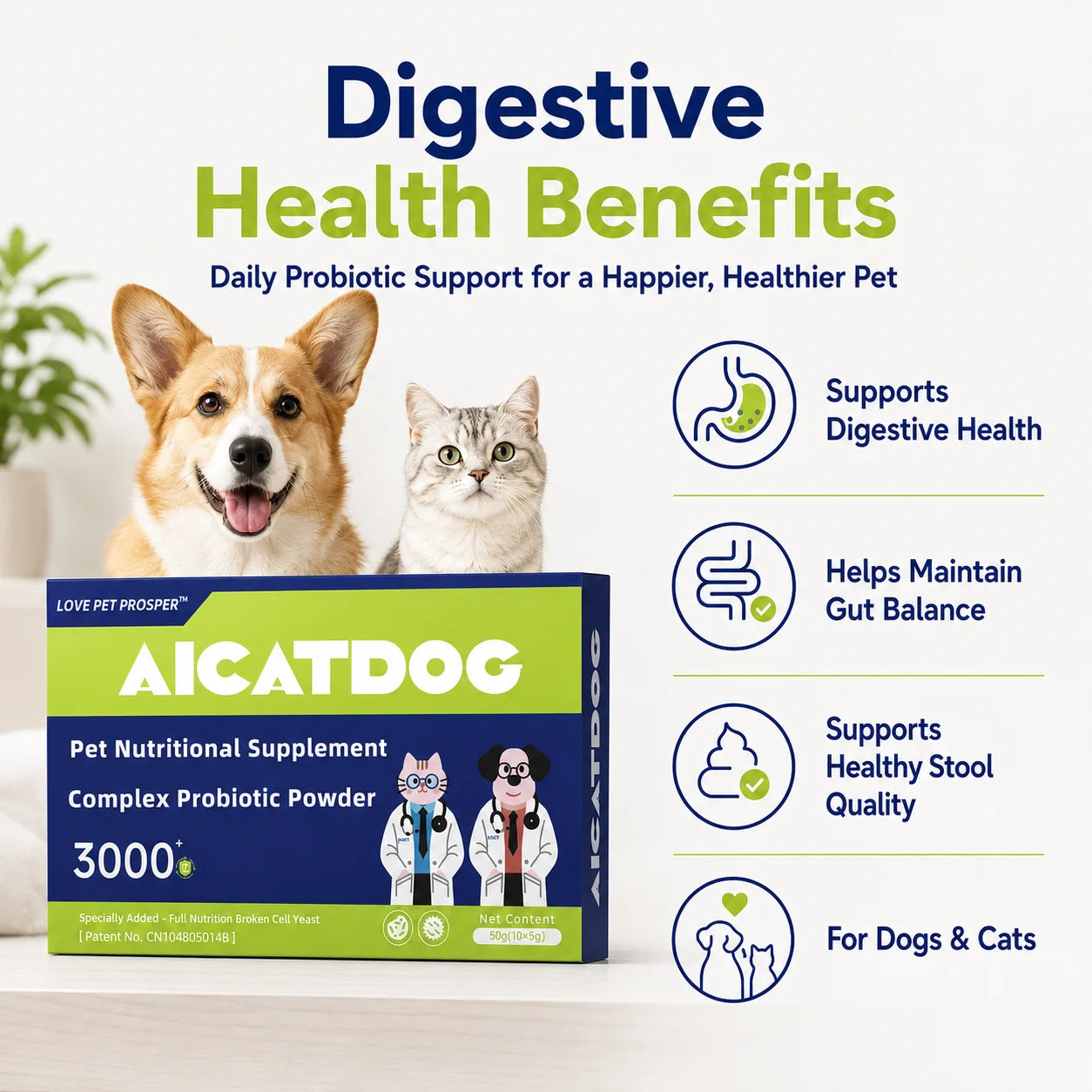 Probiotic Powder for Dogs & Cats- 3000+ Formula Digestive/ Gut Health Supplement- Daily Probiotics with Broken Cell Yeast- Stool/Immune- Support, 50g (10 x 5g)