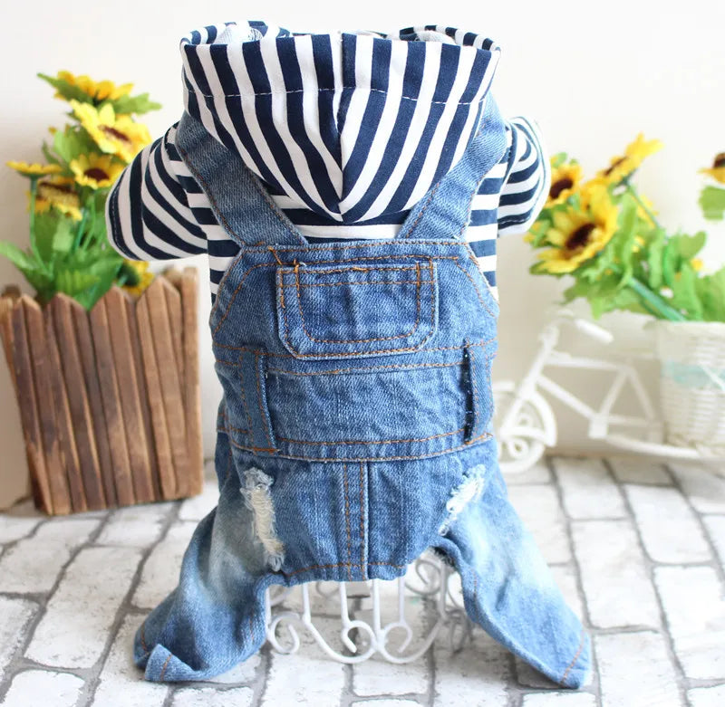 Pet Denim Jumpsuit- Dog Jeans Hoodies -Cool Blue Coat -Medium -Small Dogs Classic Jacket Blue Vintage- Washed -Vests