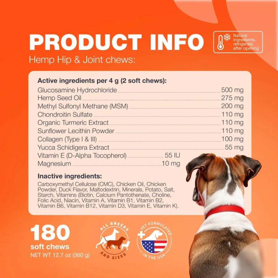 Glucosamine for Dogs Hemp Hip and Joint Supplement for Dogs Glucosamine Chondroitin Chews with MSM Turmeric Collagen for Mobility
