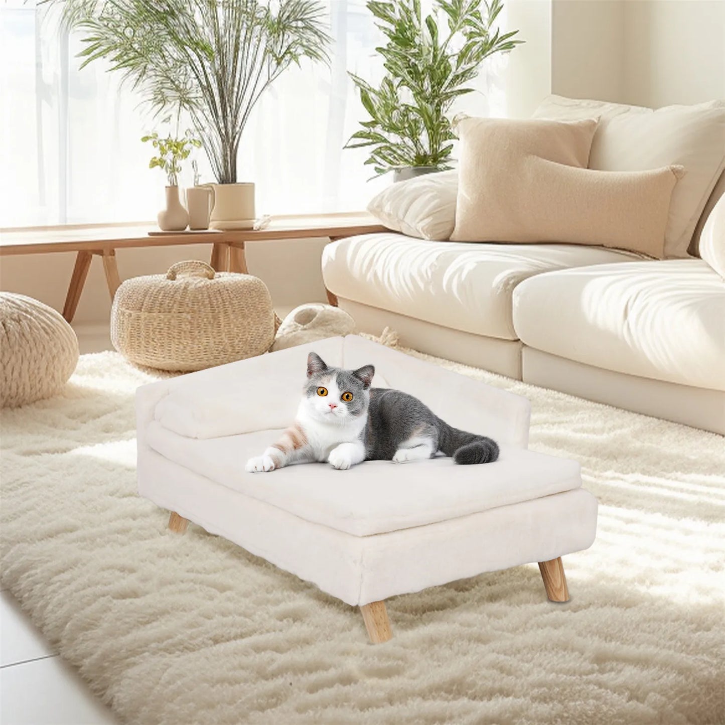 Waterproof Pet Sofa Dog Cat Bed Couch Raised Chair Lounger Plush Cover Cushion with Pillow-Beds & Blankets