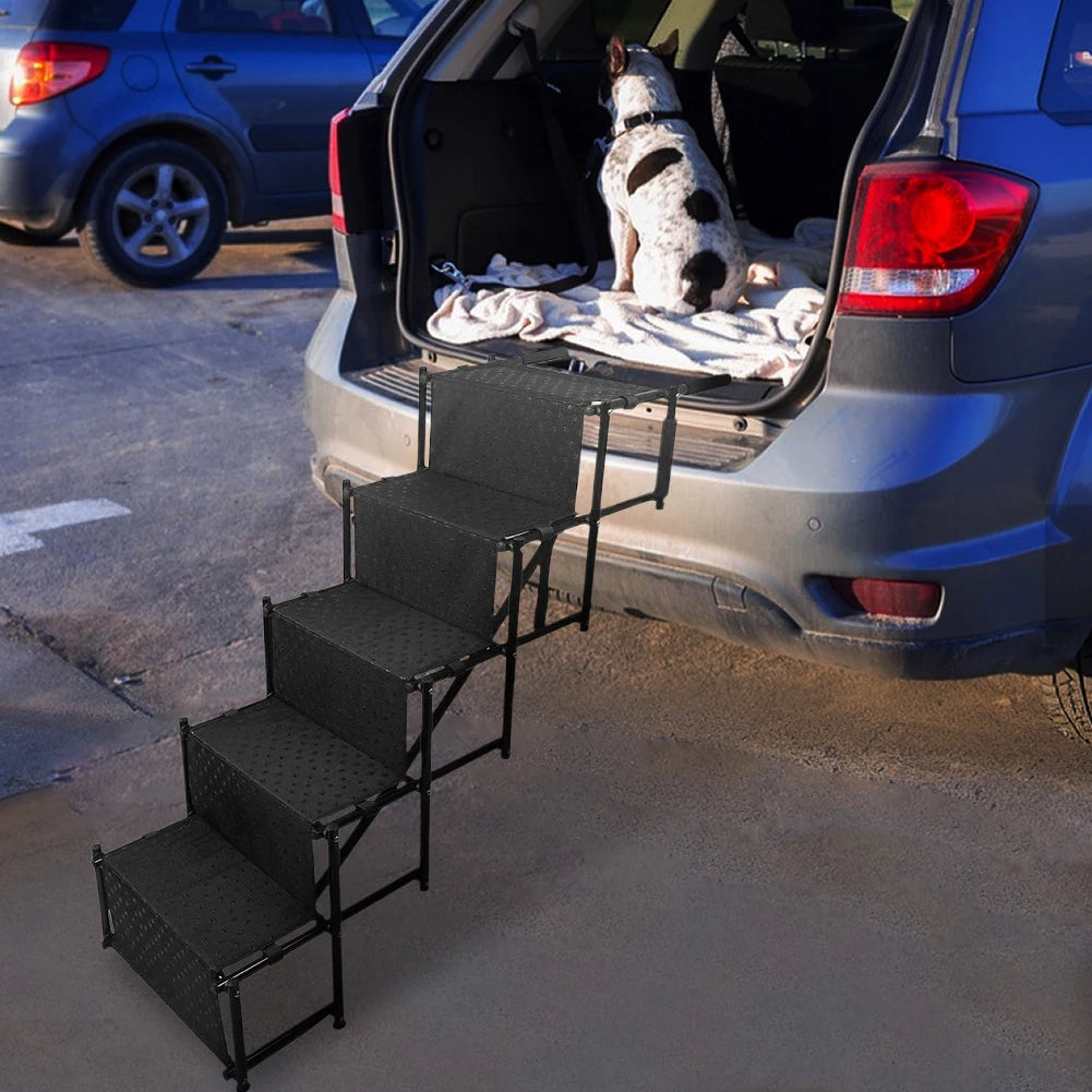 5 Steps Dog Stairs- Support Up To 150 Lbs- Foldable Dog Ramp Ladder with Nonslip Surface- Lightweight- Portable Pet Ladder Ramp