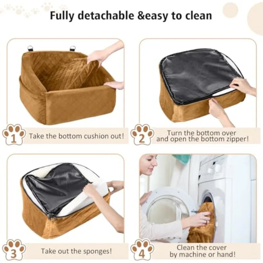 Dog Brown Car Seat- for Small Medium Dogs- Detachable- Washable-Booster Seat- Under 30lbs-Storage Pock-Pet Car Seat