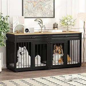 Extra Large Furniture Style Dog Crate- 93" Heavy Duty Wooden Dog Kennel with Drawers & Removable Divider-Indoor Luxury