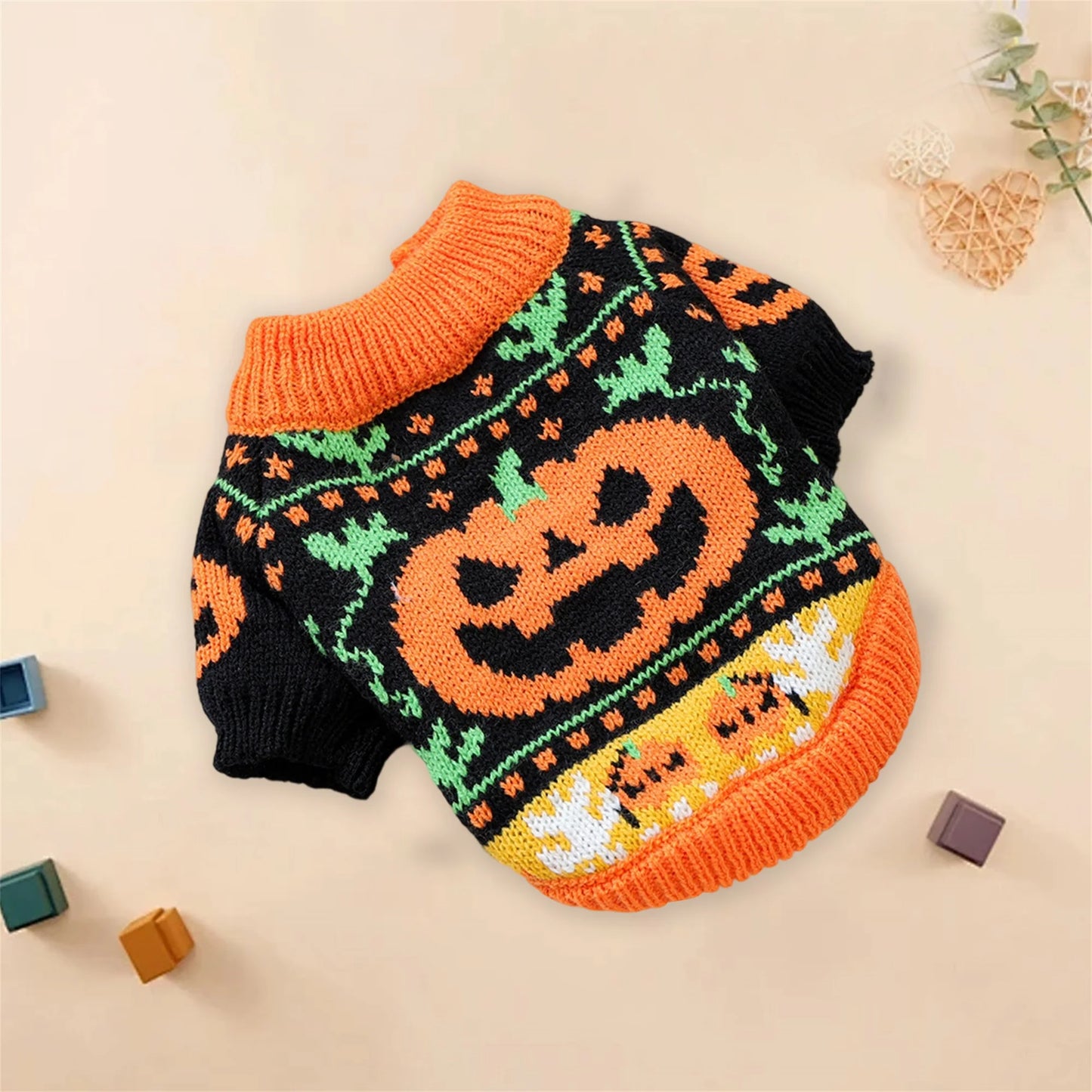 Halloween Pumpkin Ghost Costume for Dogs -Pet Winter Fall Clothes Pumpkin Knitted Sweater- Small Dog Outfit
