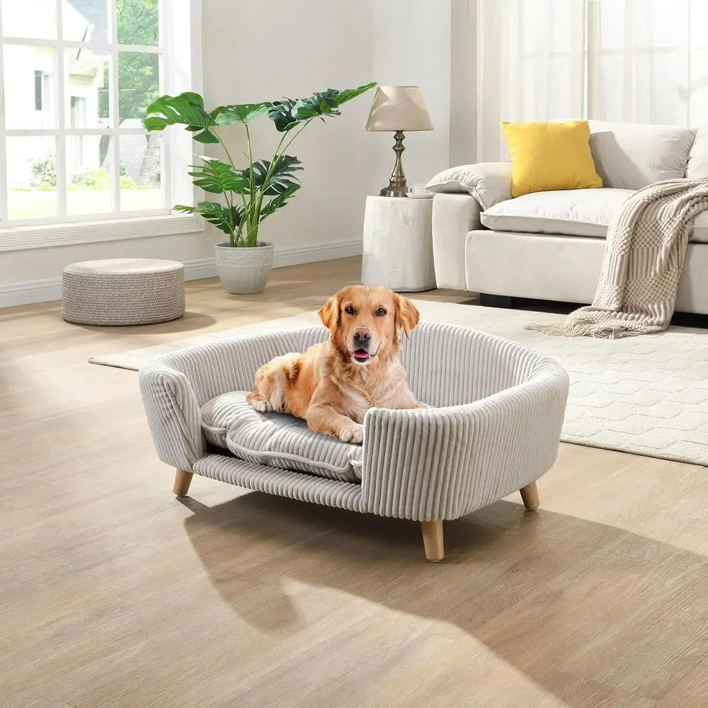 Beautiful Elevated Orthopedic Sofa Bed for Small Dogs-Foam Cushioned Dog Couch with Wooden Legs- Modern-Light Beige-Small Breeds-Beds & Blankets