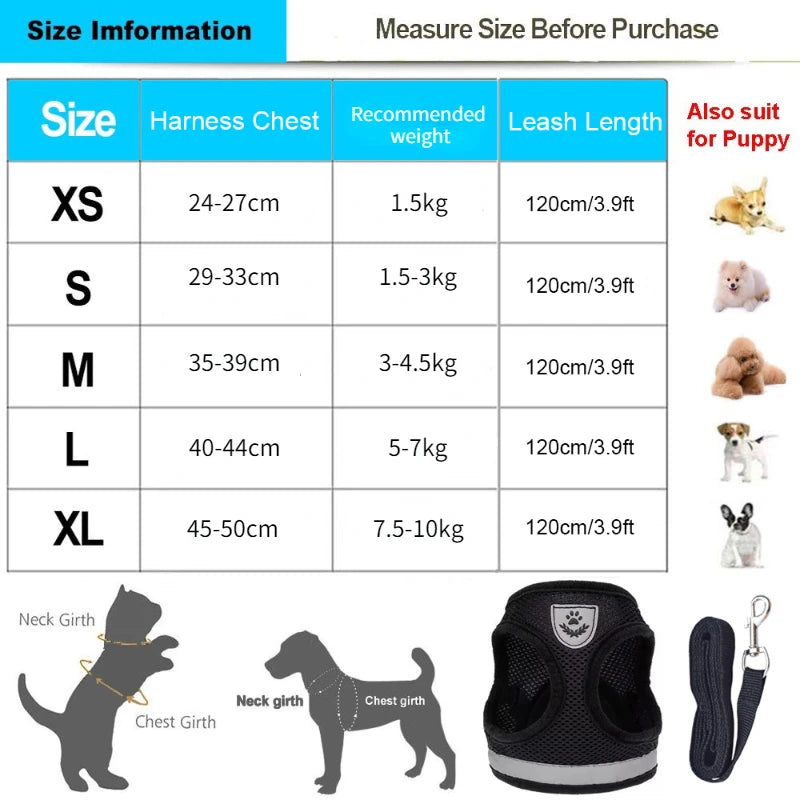 Black Undershirt Harnesses/Leash- Mesh- Breathable- Adjustable- Easy Control- Reflective- Sizes XS to XL-Collars/Leashes