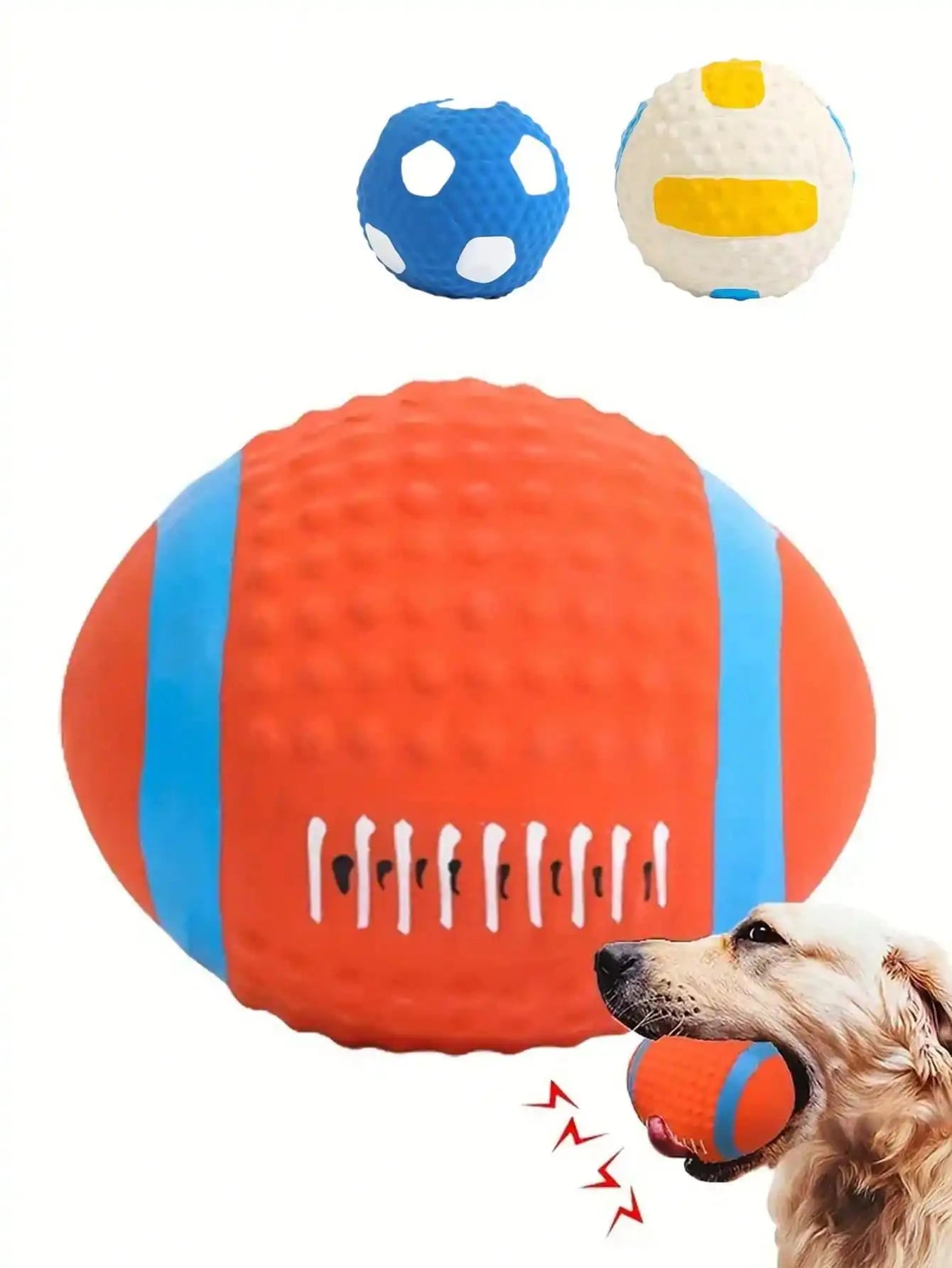 Interactive Pet Squeaky Toys- Pet Chasing Balls- Dog Football/Volleyball/Rugby/ Squeaky Balls- Interactive Latex Rubber Squeaky Toys- Soft Bouncy Fetch Toys-Sizes S/L-Training Tools-Dog Toys