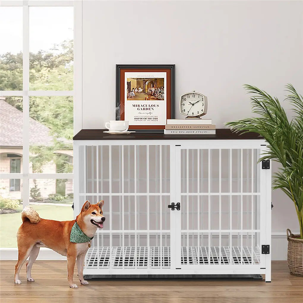 Wooden Dog Crate Furniture w/Metal Frame- Indoor Dog Kennel End Table- Stylish-3 Doors- Removable Tray-Crates