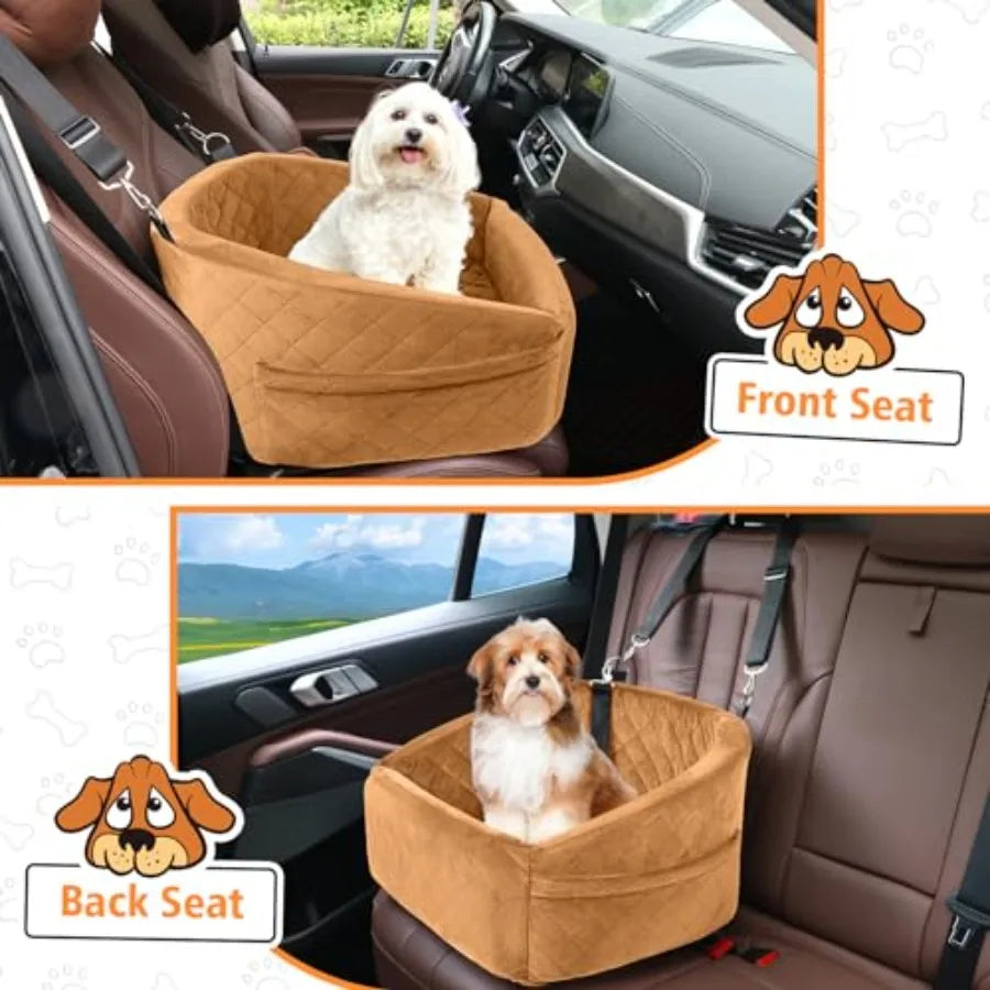 Dog Brown Car Seat- for Small Medium Dogs- Detachable- Washable-Booster Seat- Under 30lbs-Storage Pock-Pet Car Seat
