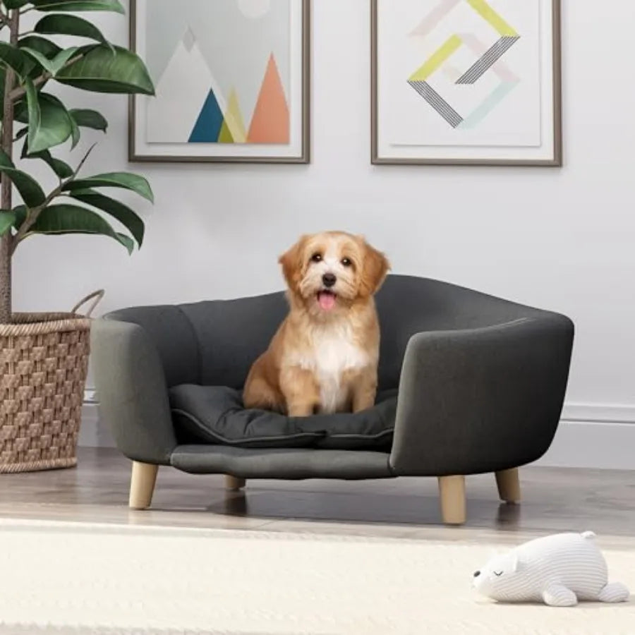 Corduroy Sofa Bed for Medium and Small Dogs- Velvet Dog Bed with Soft Cushion/Durable Wood Legs-Beds & Blankets