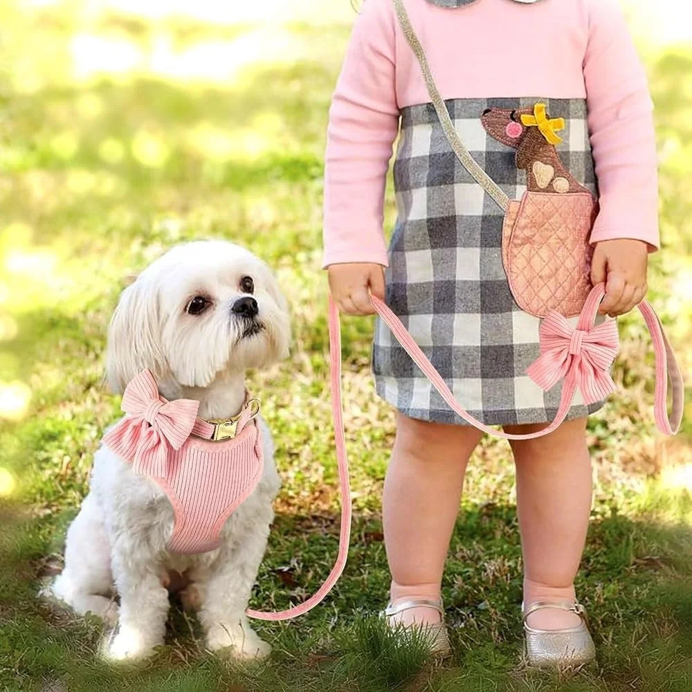 Cute Adjustable Dog Vest Harness Collar Leash Set- Soft Mesh Breathable Comfort Bowtie - size S