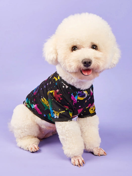 Halloween Dog T-Shirt-Black Short Sleeve with Colorful Glittery Bats, Pumpkins & Stars Print Pet Clothes for Small Dogs