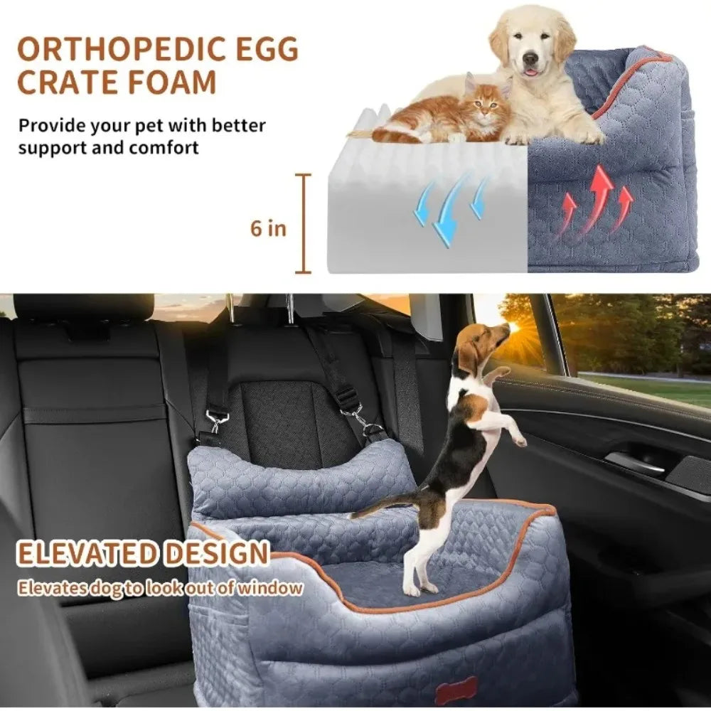 Dog Car Seat - Memory Foam Dog Booster Seat for Small Dogs- Up to 25lbs-Elevated Pet Car Seat with Storage Pockets -Grey