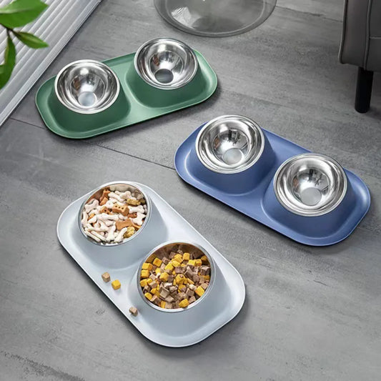 Stainless Steel Double Dog Bowl- Food Container- Plastic Non-slip Base- Pet Water Feeder- Tilt- Safeguards Dogs Neck