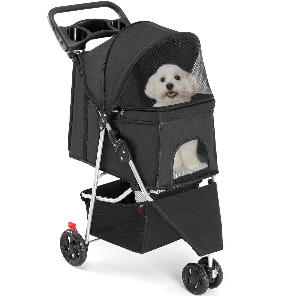 JHK 3 Wheels Foldable Pet Stroller-Mesh Windows- Storage Basket- Cup Holder-Pet Strollers