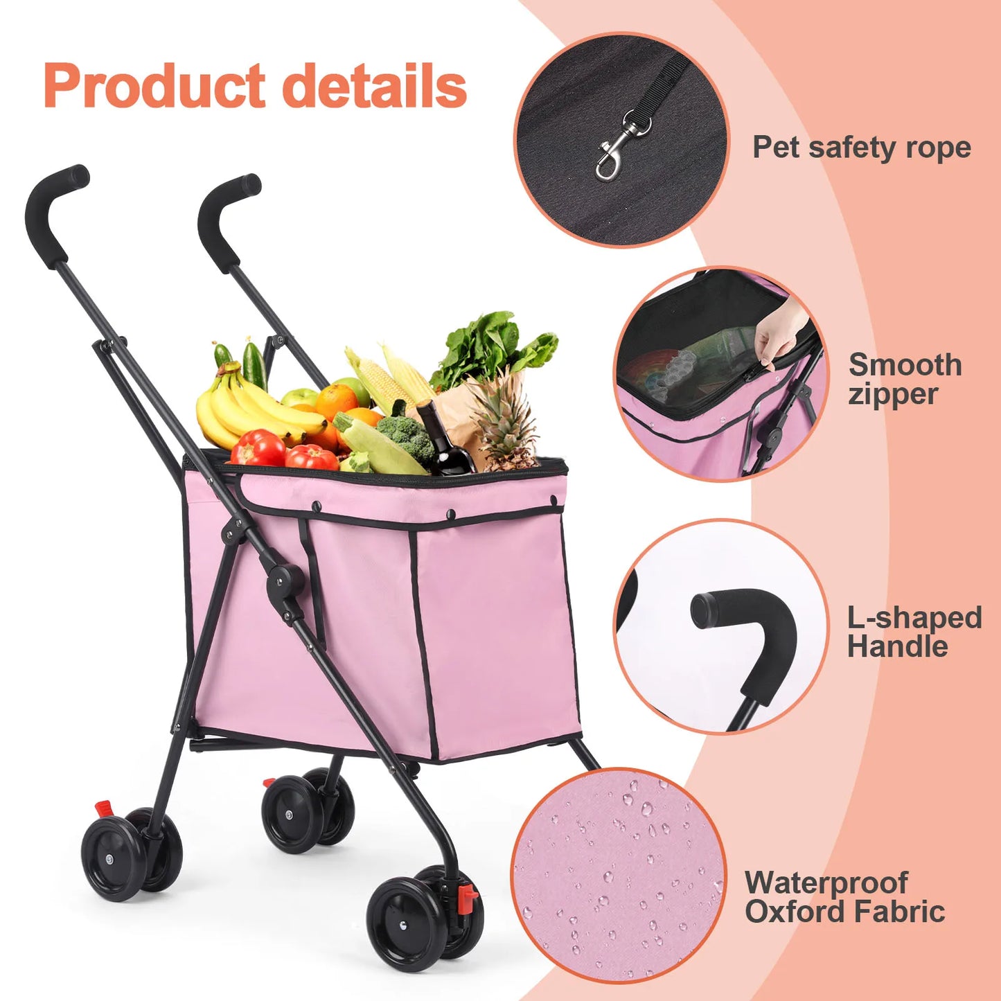 33lbs 4 Wheels Dog Stroller- Rotate- Travel Hand Cart Folding Shopping Trolley-Pink