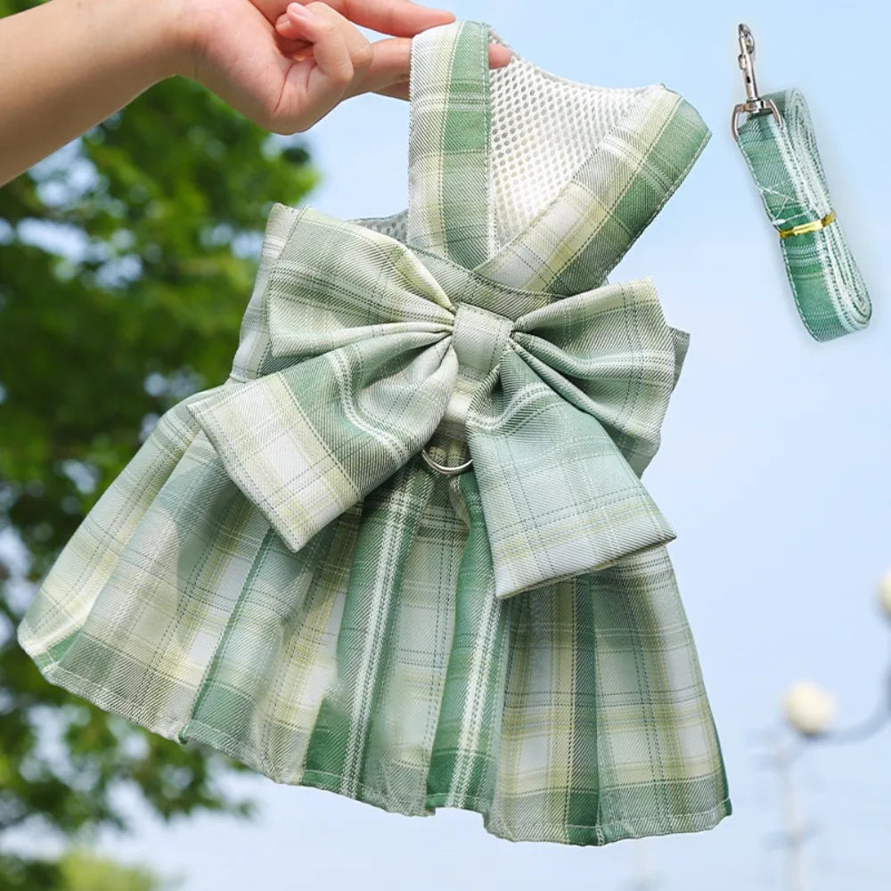 Dog Plaid JK Dress-Reusable with Leash Traction-Thin Dacron- Harness Skirt- Adjustable -Washable-Costumes/Apparel