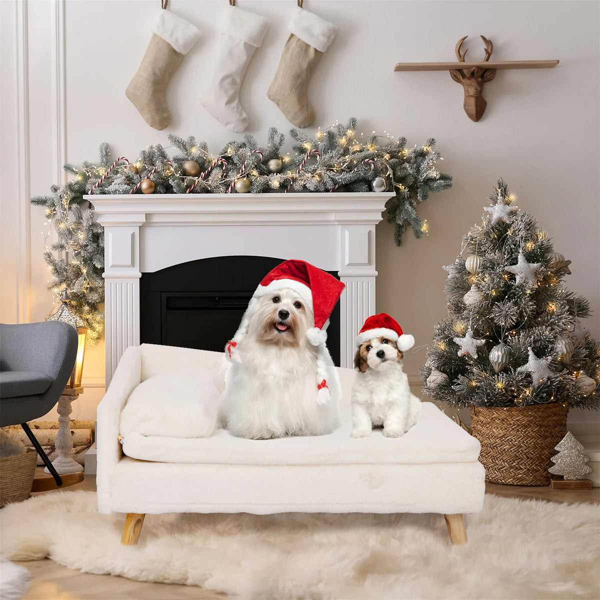 Waterproof Pet Sofa Bed-Raised Chair Lounger -Plush Cover Cushion with Pillow-Beds & Blankets