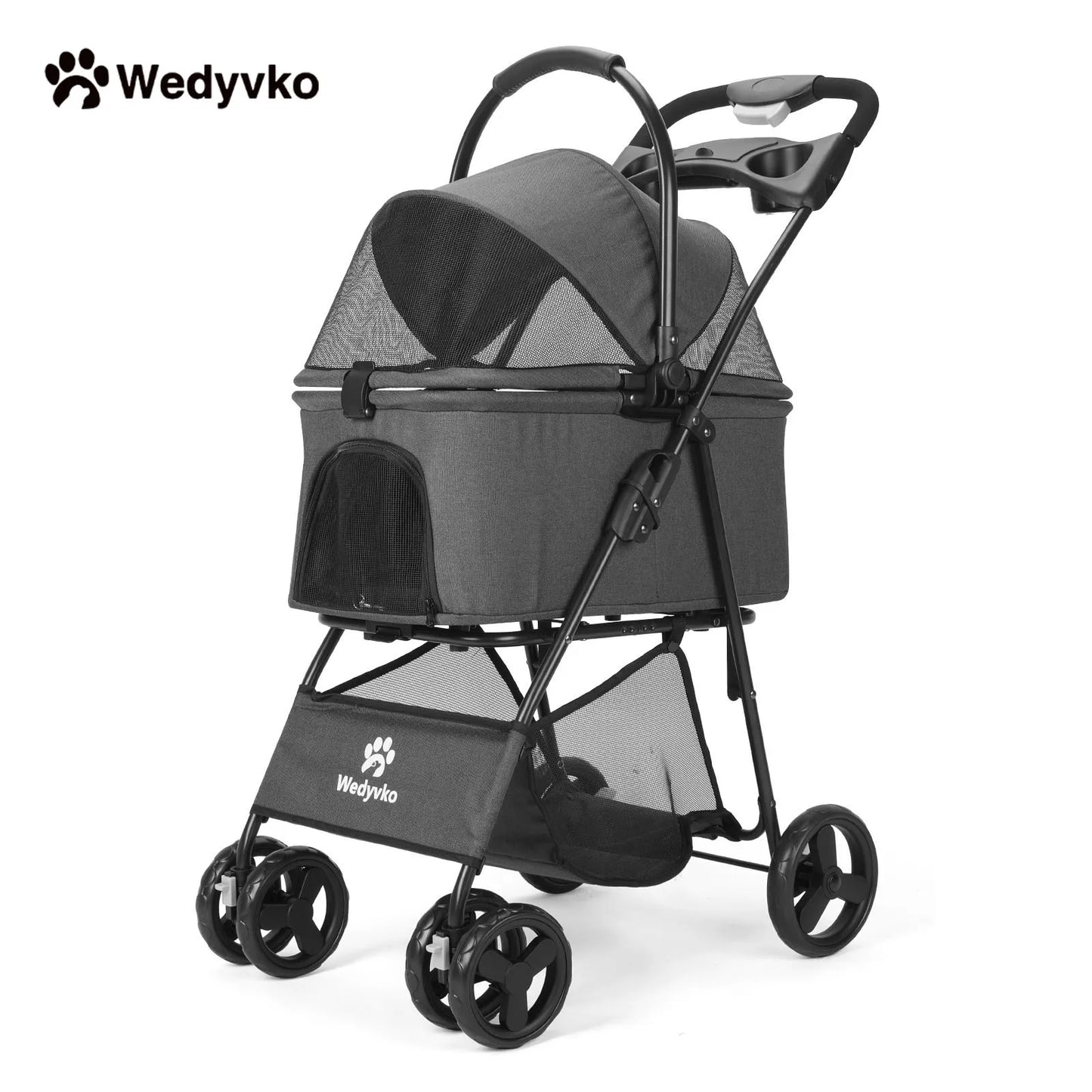 Luxury Detachable Pet Stroller- Light- Cup Holder Design Four-wheeled Universal Wheel Dog Cart- Outdoor Travel Carrying Bag