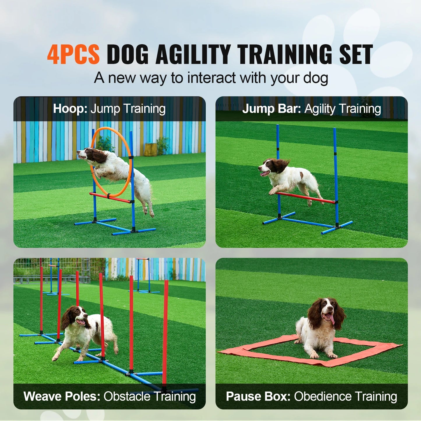 Dog Agility Training Equipment- 4 PCS Set with Adjustable High Hurdles- 6 Weave Poles -Jump Ring- Square Pause Box- Whistle-Training