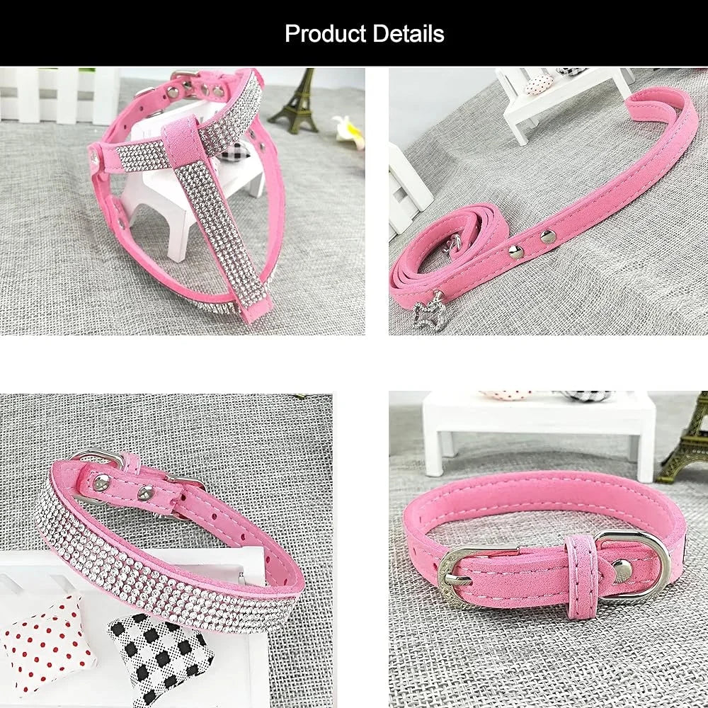 Comfortable Soft Dog Collar and Harness Set with Leash Stylish Diamond Design -Small Pets Training Outdoor Activity