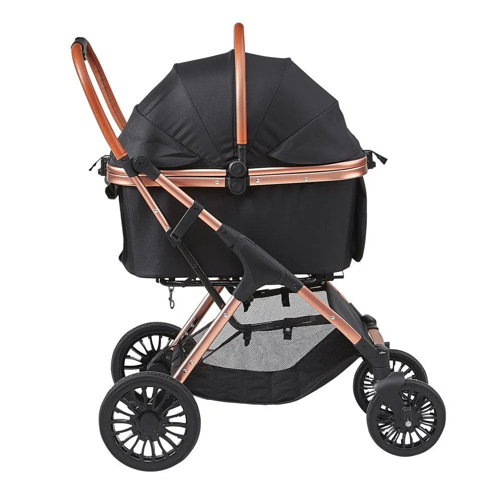 3-in-1 Pet Stroller- Foldable Dog Cart with Storage Basket- Aluminum Frame- Large Wheels- Adjustable Handle- Safety Leash- Breathable