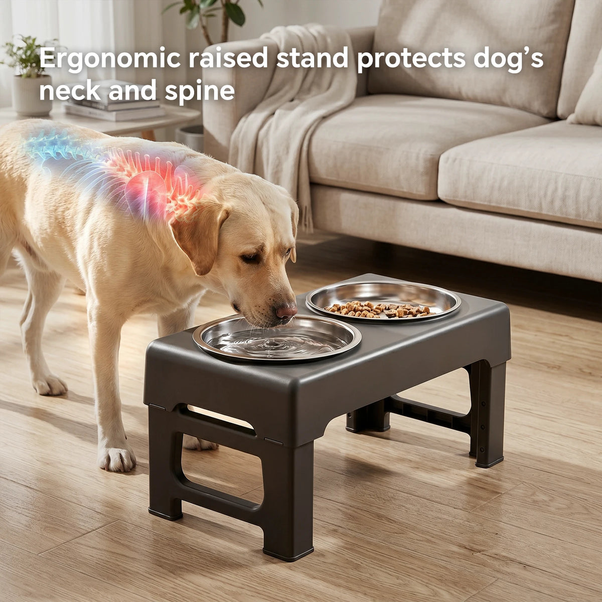 Raised Adjustable Height Dog Feeder- Elevated Double Stainless Steel-Food/Water Bowl- Non‑Slip Base- Anti‑Spill Design- Ergonomic Design- Slow‑Feed For Small Medium Large Dogs-Pet Bowls/Feeding