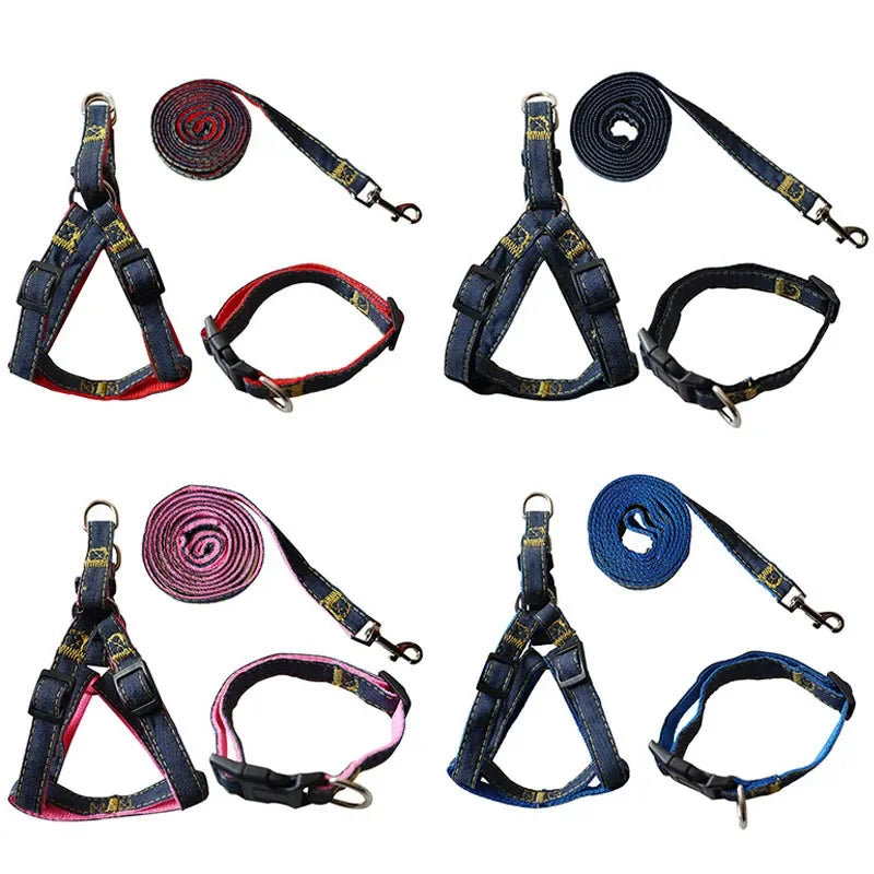 3 pcs Denim Dog Collar Harness Set- Pet Accessories-Collar/Leashes
