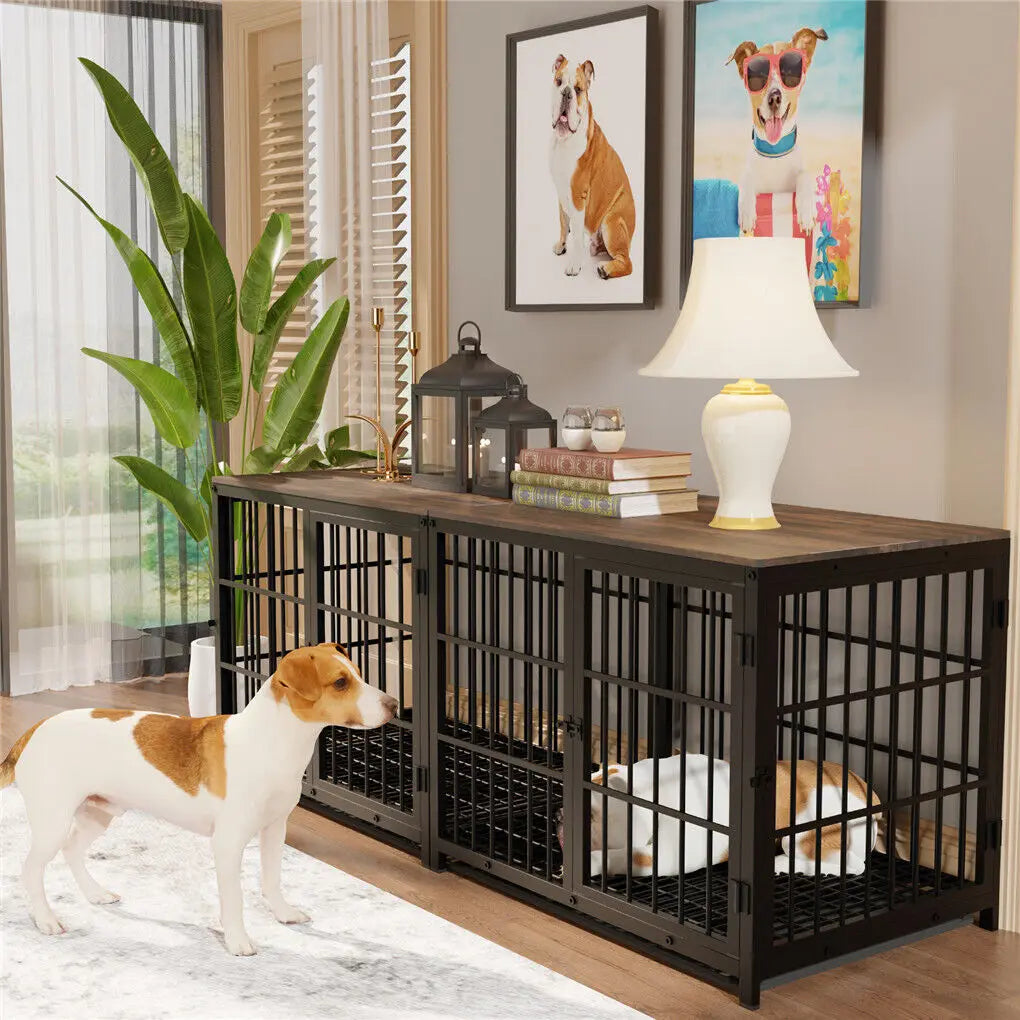 Wooden Dog Crate Furniture w/Metal Frame- Indoor Dog Kennel End Table- Stylish-3 Doors- Removable Tray-Crates