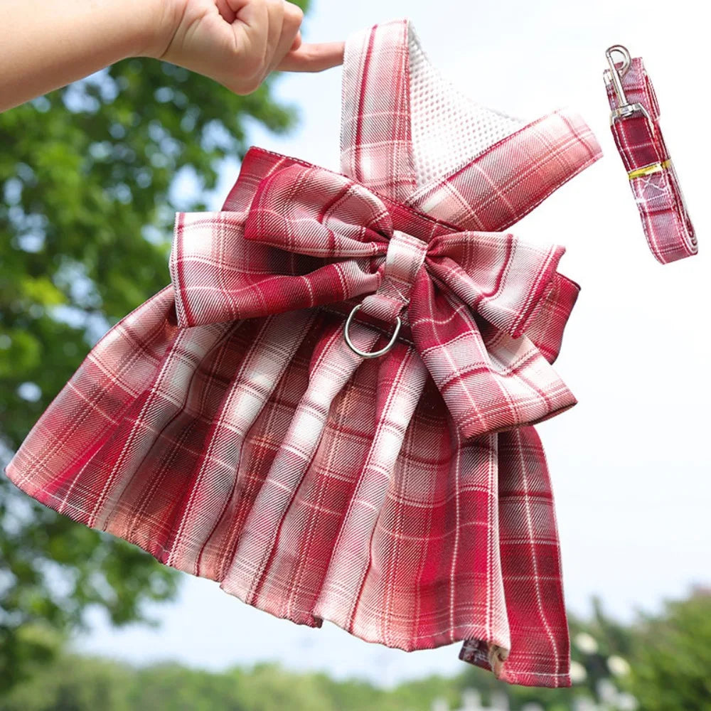 Dog Plaid JK Dress-Reusable with Leash Traction-Thin Dacron- Harness Skirt- Adjustable -Washable-Costumes/Apparel