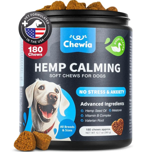Hemp Calming Chews for Dogs- Anxiety Dog Calming Treats with Melatonin, Valerian Root, Chamomile Extract, Vitamin B Complex